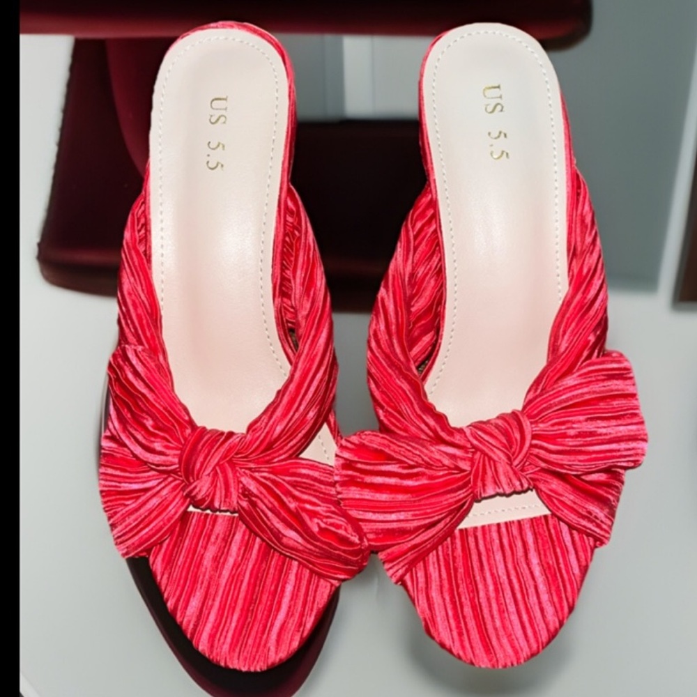 Elegant Slip-on Bow Chunky Heel Slide Sandals W/Pinstriped Ruffles On Bow & Heel